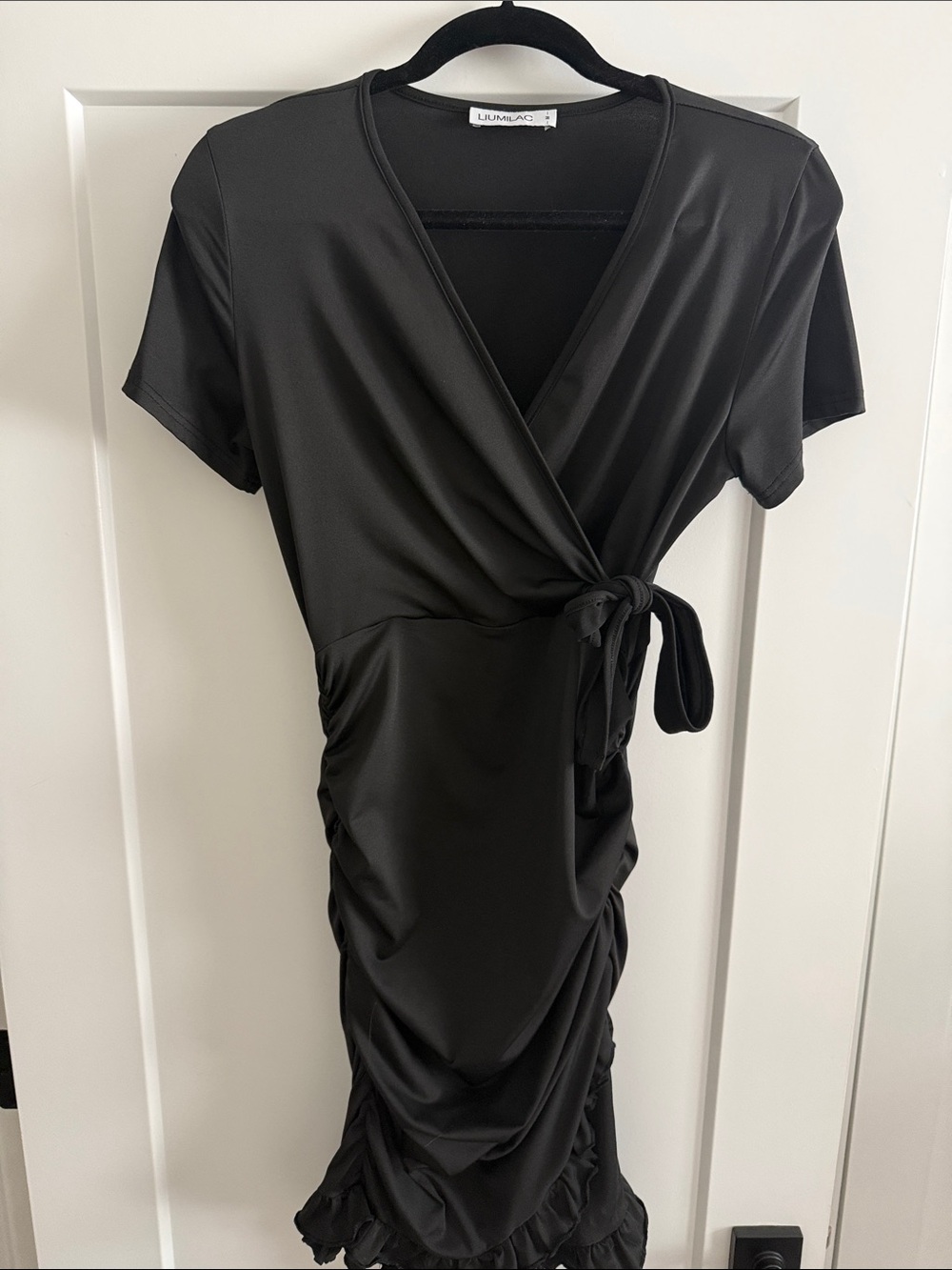 Lulumari Black Side-Tie Ruched Wrap Dress